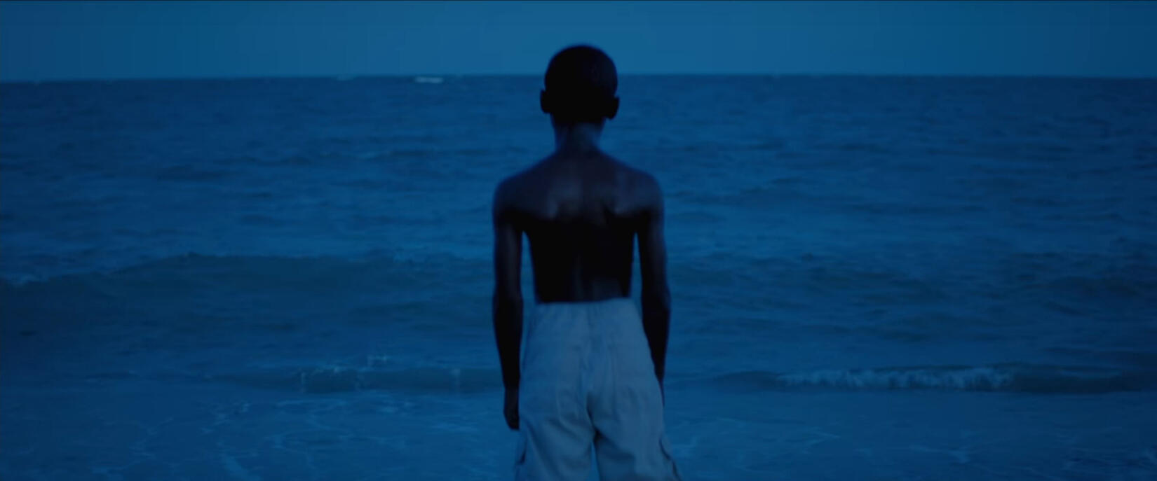 A screencap depicting Chiron as a child, standing away from the viewer, facing the ocean.