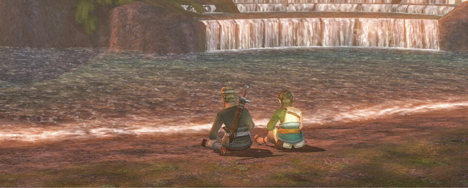 A screencap of Link (as he appears in Twilight Princess) and Rusl sitting cross-legged at a river's edge, their backs facing the viewer.
