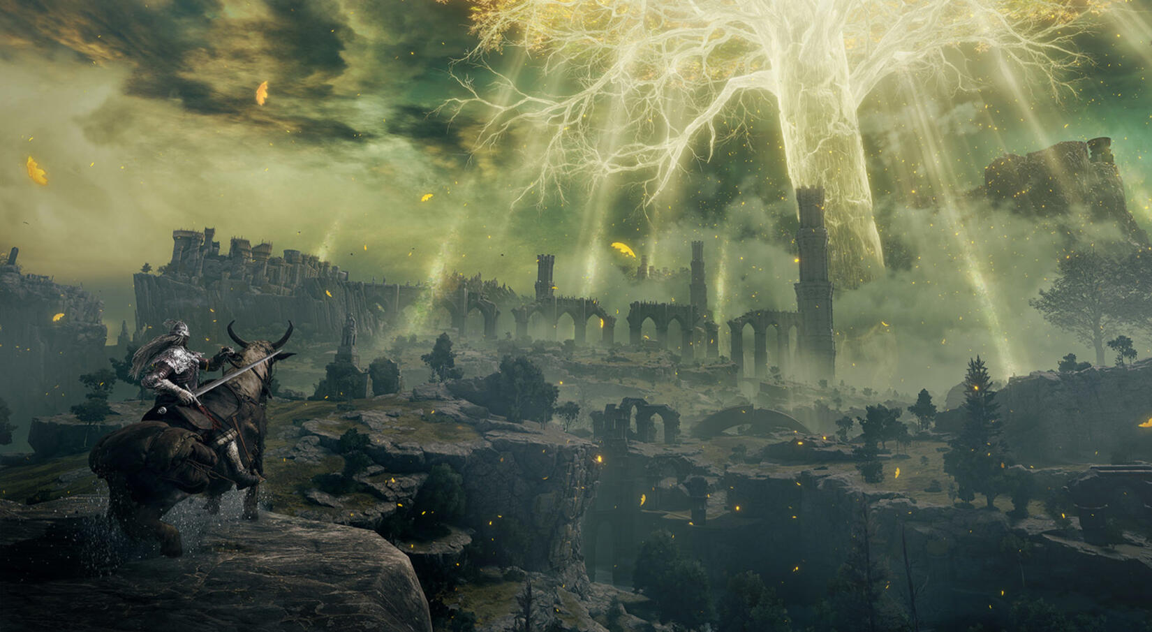 A screencap of the Tarnished riding Torrent, overlooking a landscape of ruins with the Erdtree visible.