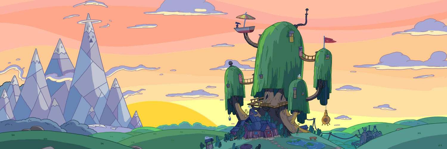 A screencap of the treehouse from Adventure Time. The scene is set during sunset and the Ice Kingdom is visible.
