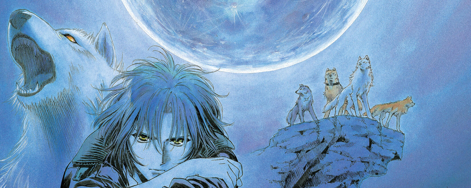 A promotional poster for Wolf's Rain. Kiba's wolf form and human form are at the left, while him along with the rest of the pack are in their wolf forms standing on a cliff's edge at the right. The moon is at the center of the background.
