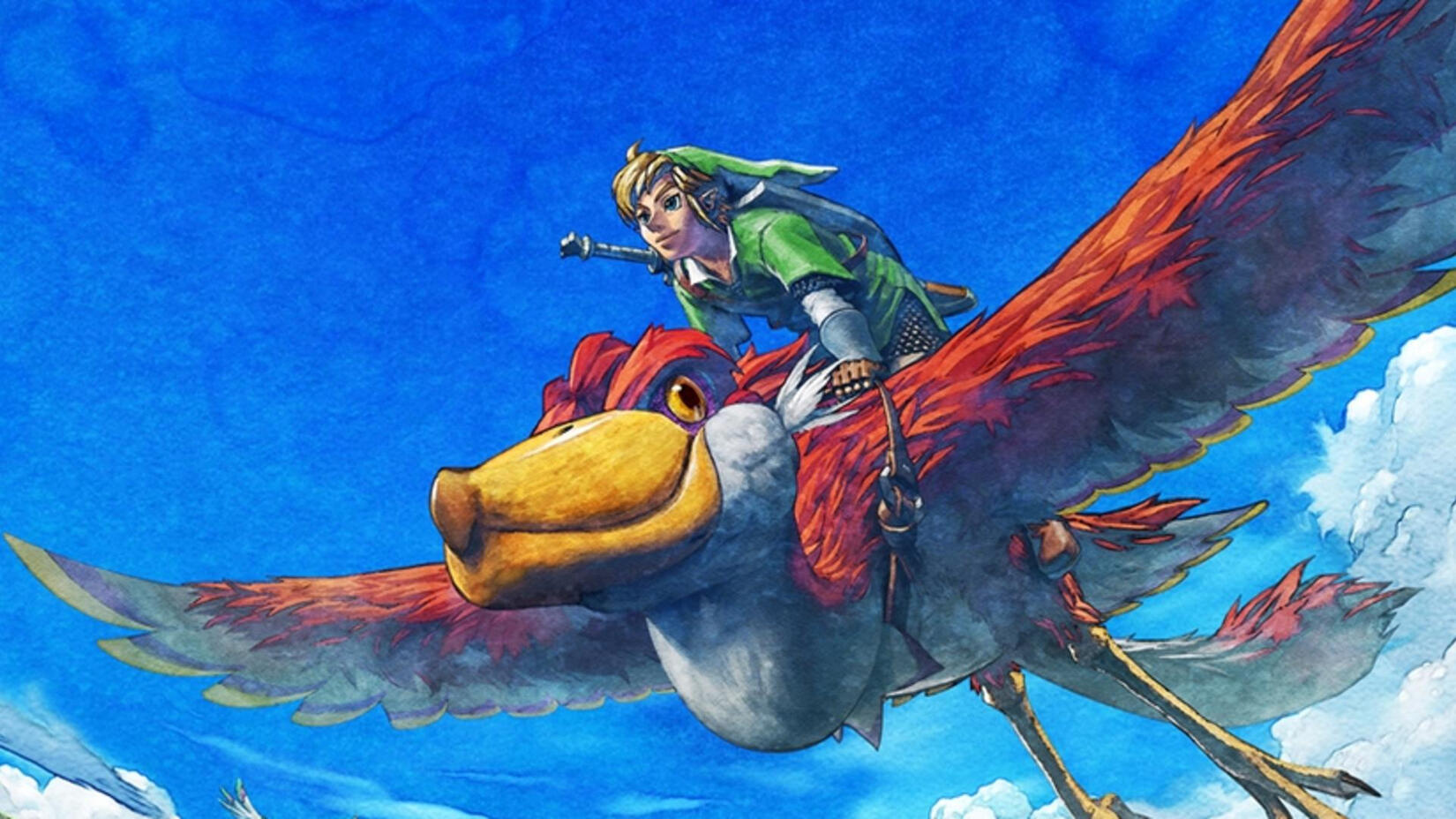 A promotional poster for Skyward Sword, depicting Link riding on his bird in a cloudy sky.