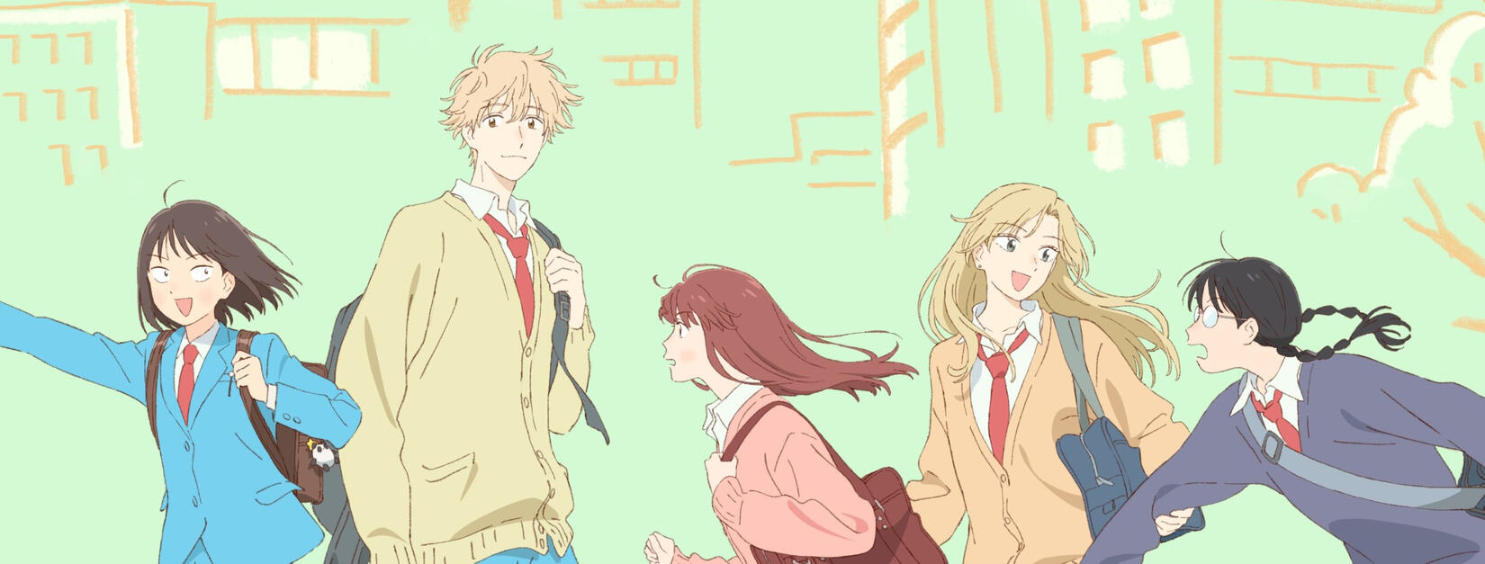 A promotional poster for Skip and Loafer. Mitsumi, Shima, Mika, Yuzu, and Makoto follow each other in a horizontal line. Mitsumi points ahead, towards the left of the poster, while looking back at the rest of the group.