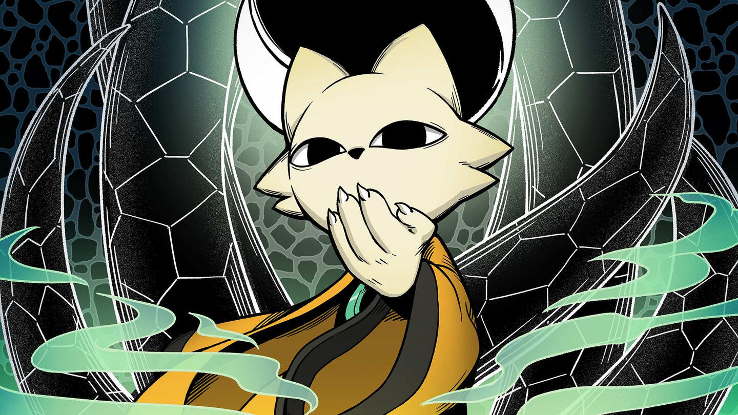 A promotional poster for Nine Sols which shows Yi with his clawed hand poised in front of him. Behind him is a root node.