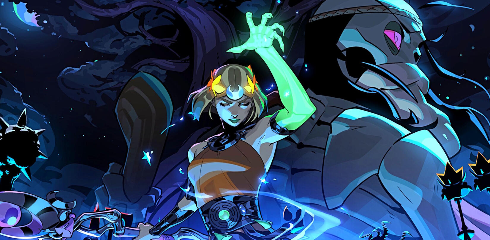 An art spread for Hades 2, featuring Melinoë at the center and Schelemeus on the right.