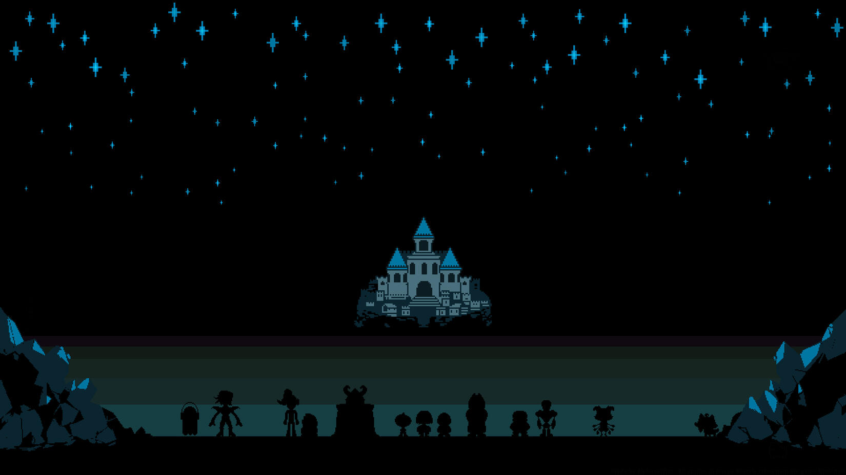 A screencap showing the silhouettes of Alphys, Mettaton, Undyne, Toriel, Asriel, Asgore, Frisk, Sans, Papyrus, and a few other side characters in front of a castle surrounded by stars.