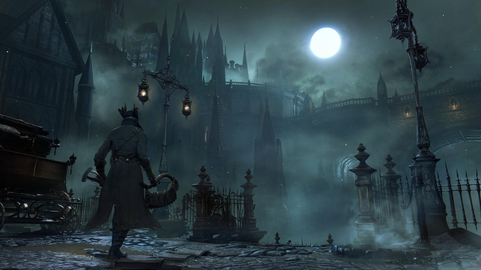 The cover for Bloodborne, set in an area with Gothic style buildings and street lanterns. The hunter is at the left, walking towards the direction of the moon, positioned at the front center.
