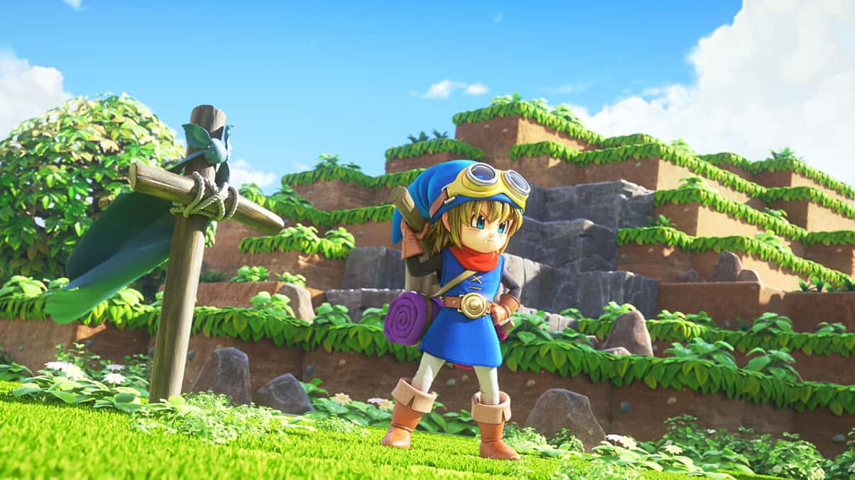 A screencap of The Builder standing in front of a hill of cubic blocks of earth and stone.
