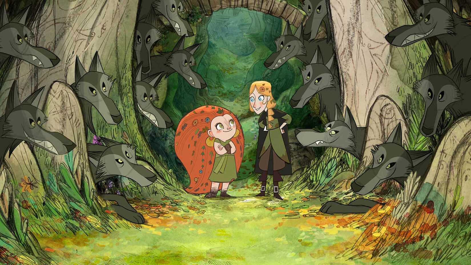 The cover for the film, Wolfwalkers. Mebh and Robin stand together in the forest, surrounded by wolves. They are smiling at each other.