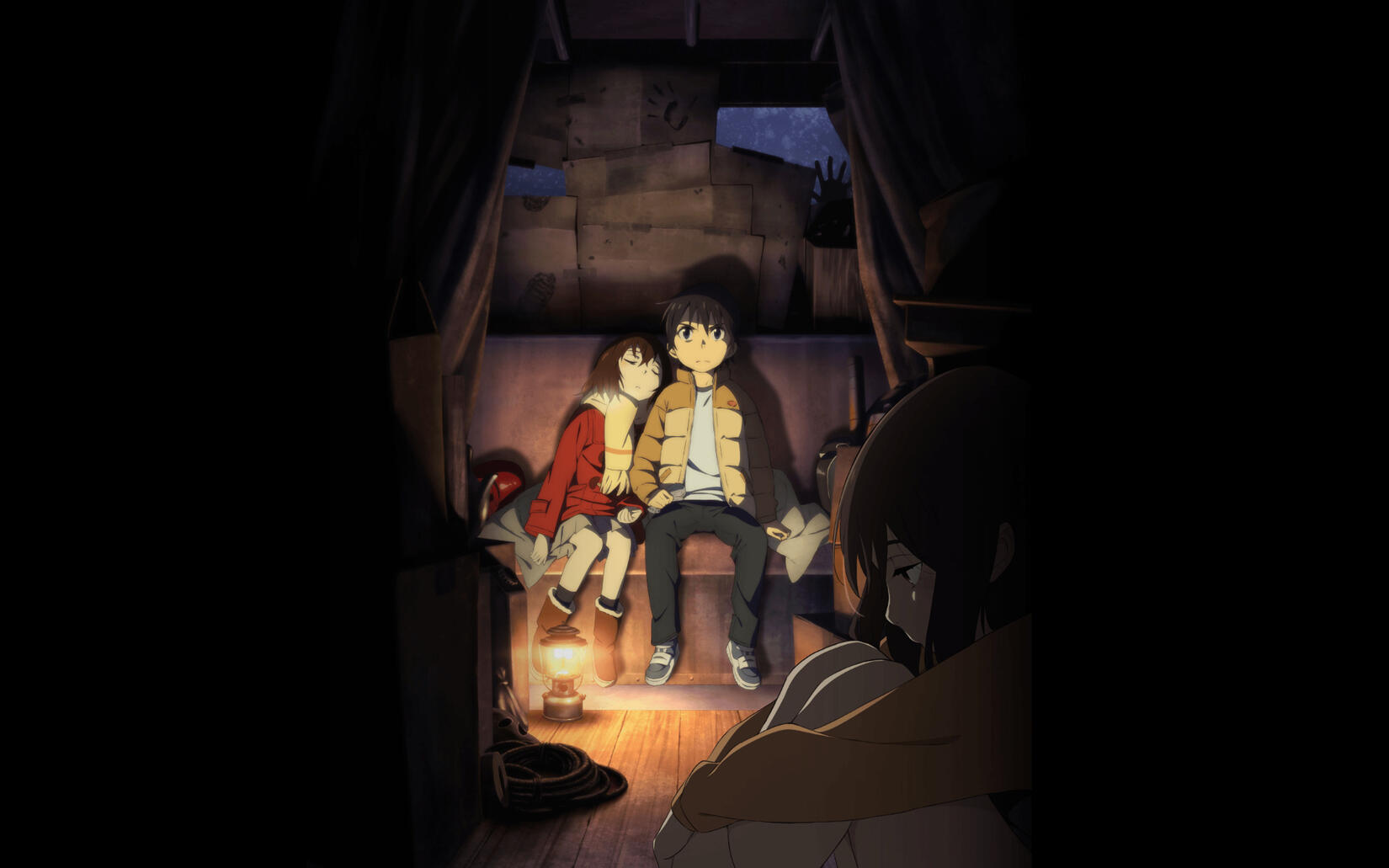 The cover for Erased, depicting Kayo and Satoru sitting together on a bench. Kayo is sleeping while Satoru is awake, wearing a determined expression. At the foreground is a shadowy figure of Kayo, her knees up and her head downcast.